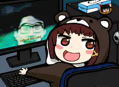 Anime girl in bear hoodie watching glitchy video