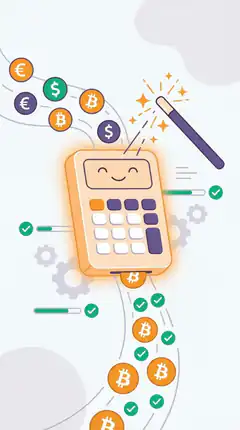 Smiling calculator with currency symbols and magic wand