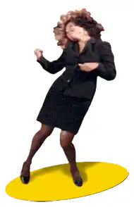 Woman in business suit dancing on yellow oval