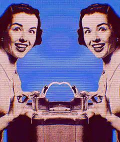 Two women watching water fountain arc