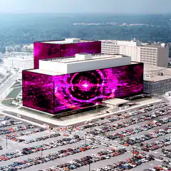 Building with giant pink digital screen