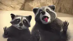Two raccoons waving and smiling