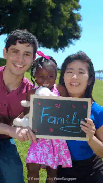 Family holding chalkboard sign