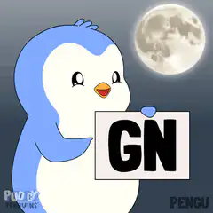 Penguin holding GN sign under moon