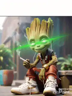 Baby Groot smoking with laser eyes