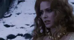 Vampire woman reveals fangs