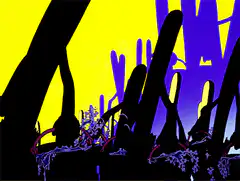 Silhouettes in a psychedelic forest