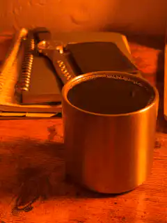metal cup on wooden table