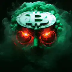 Bitcoin skull with glowing red eyes