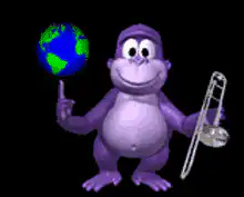 Purple gorilla holding globe and trombone