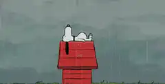 Snoopy on doghouse in rain