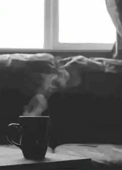 steaming mug on table