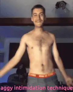 Shirtless man does aggressive intimidation technique