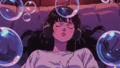 Anime girl sleeping with headphones and bubbles