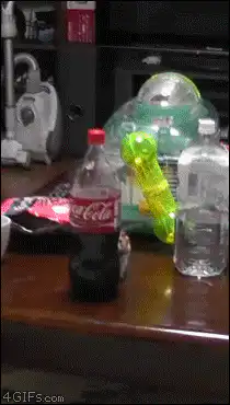 Hamster peeking from behind Coca-Cola bottle