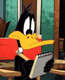 Daffy Duck writing in a notepad