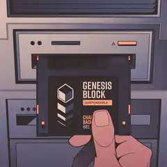 Hand inserts Genesis Block floppy disk