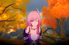 Pink-haired anime girl winking in autumn forest