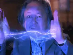 Man holding blue lightning between hands