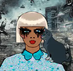 Blonde woman with black tears and cat