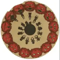 Rotating circle of red faces and black figures