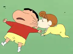 Himawari kissing Shin-chan's cheek