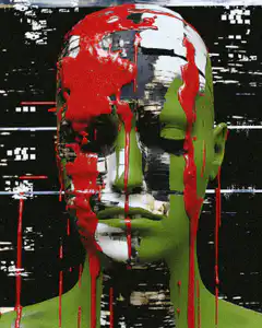 Glitchy mannequin head with red paint