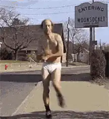 Man in underwear running through various locations