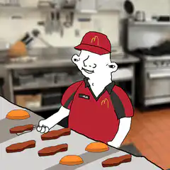 McDonald's worker flipping burgers