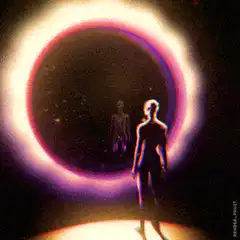 Silhouette in front of glowing portal