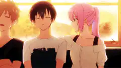 Pink hair girl hugs black hair boy