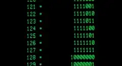 Green computer screen with binary numbers and radar display
