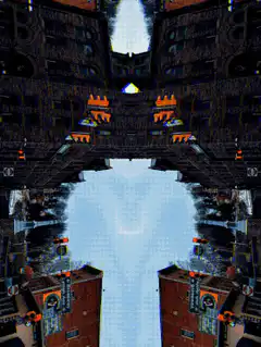 Symmetrical cityscape with glowing windows