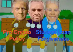 Three men on a bench with crypto and student loan text