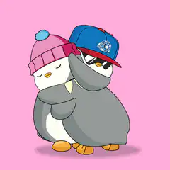 cartoon penguins hugging with hearts