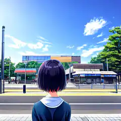 anime girl looking at train station