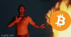 Shirtless man screaming at burning Bitcoin