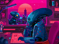 pixel art alien working at desk