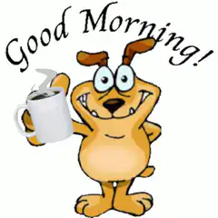 Cartoon dog holding coffee saying good morning