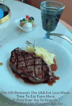 Man eating steak with text about UN and USA