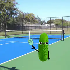 Pickle holding sign on tennis court
