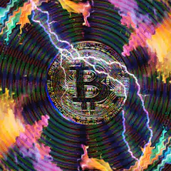 Bitcoin coin with lightning and psychedelic background