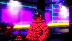 Astronaut sitting in a neon bar