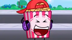 Popcorn character dancing with headphones