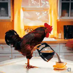 Rooster pouring coffee