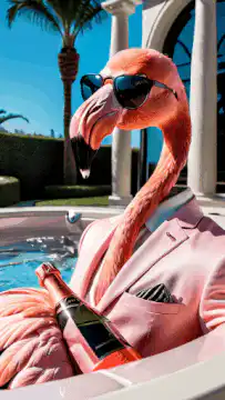 Flamingo in pink suit with champagne