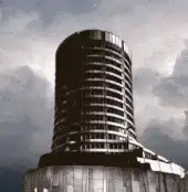 Towering cylindrical building under stormy sky
