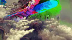 psychedelic floating church with clown