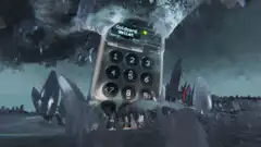 Giant calculator in a fantasy landscape