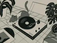 Cat sleeping next to a record player
